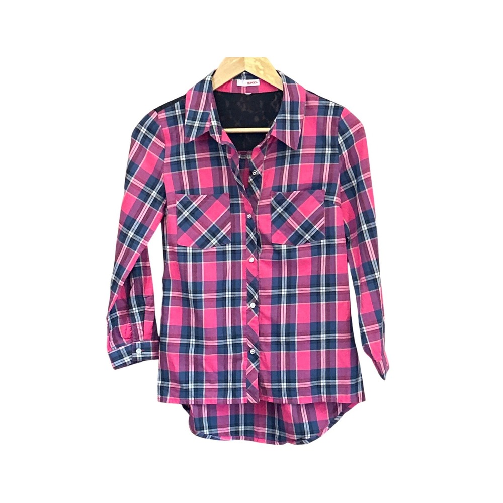 Vintage Y2K Bongo Plaid Button Down Shirt Grunge Punk Lace Yoke Pink NavyCasual
